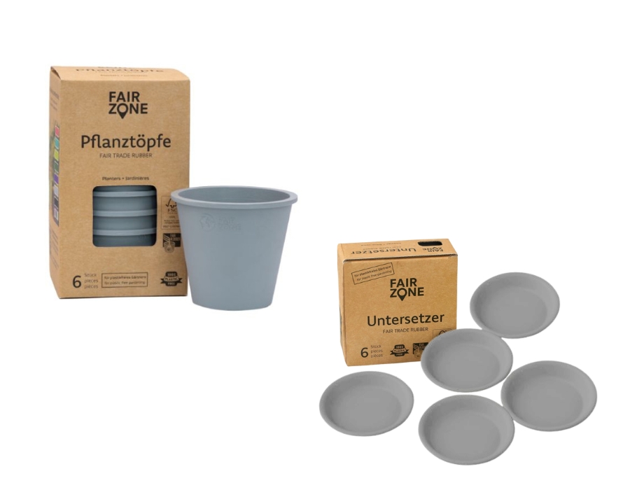 6x Plantenpotten + 6x Onderzetters - Rubber - Grijs