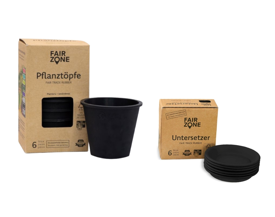 6x Plantenpotten + 6x Onderzetters - Rubber - Zwart