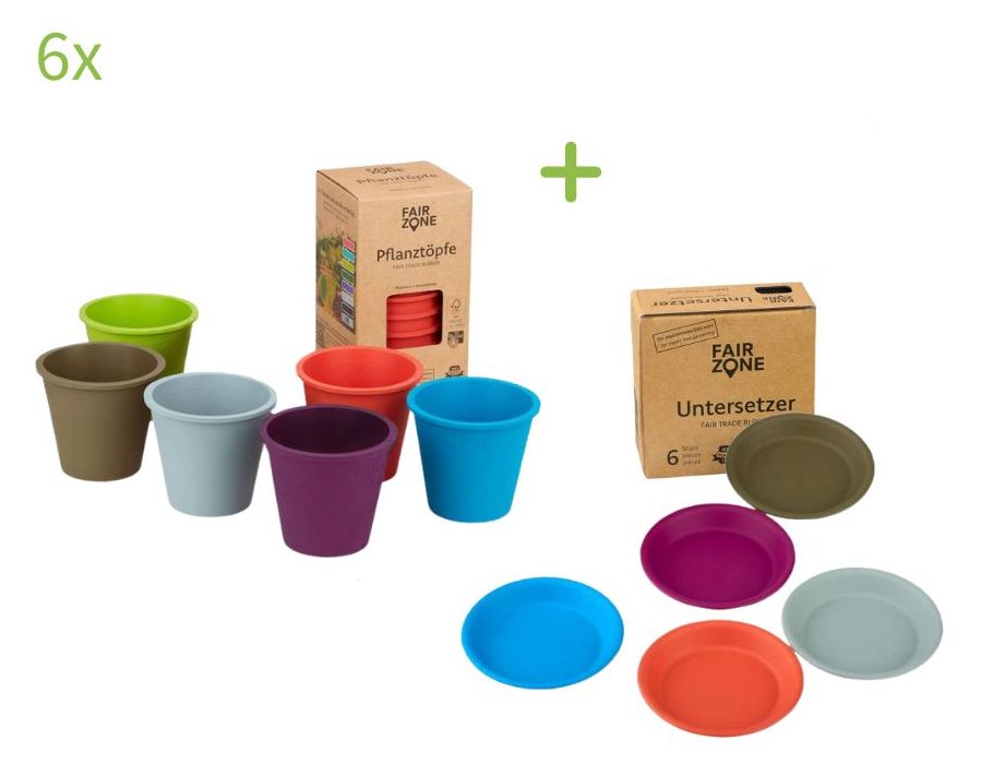 6x Plantenpotten + 6x Onderzetters - Rubber - Kleurenmix
